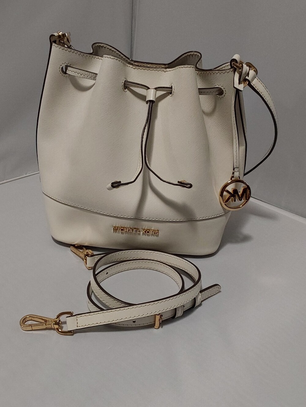 Michael Kors White Leather Drawstring Bucket Crossbody